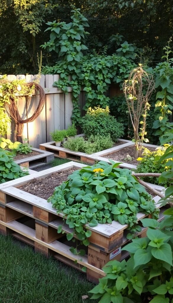 Pallet raised garden beds nestled in a lush, verdant backyard. The sturdy wooden pallets, weathered and repurposed, form the foundation of these practical yet visually striking raised beds. Cascading vines and leafy greens spill over the pallet edges, creating a vibrant, natural display. Soft, diffused sunlight filters through the surrounding foliage, casting a warm, earthy glow across the scene. The layout is well-organized, with clean lines and a cohesive design that blends seamlessly with the backyard's rustic charm. This image captures the essence of an affordable, eco-friendly raised bed solution that transforms a simple pallet into a stunning, functional garden feature.
