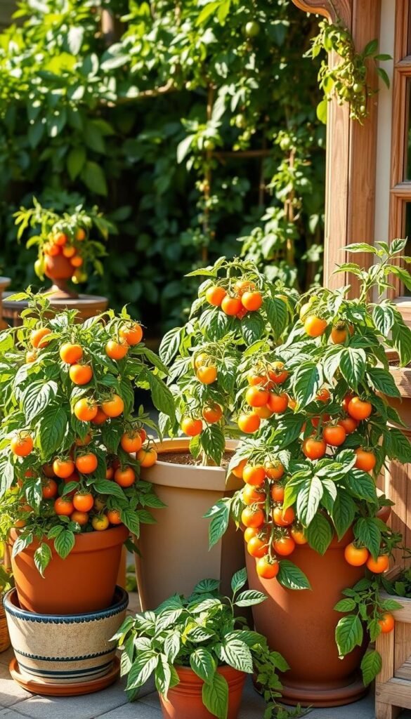 Patio tomato containers arranged in a cozy outdoor setting, sun-dappled and inviting. Lush tomato plants spilling over the edges, their verdant foliage and ripening fruit bathed in warm, golden light. A mix of terracotta, ceramic, and wooden planters, strategically placed to create a harmonious, visually appealing display. The scene is framed by a backdrop of lush greenery, perhaps a trellis or small garden fence, conveying a sense of seclusion and tranquility. The overall mood is one of serenity and the joy of container gardening, perfect for showcasing the beauty and potential of patio-friendly tomato varieties.