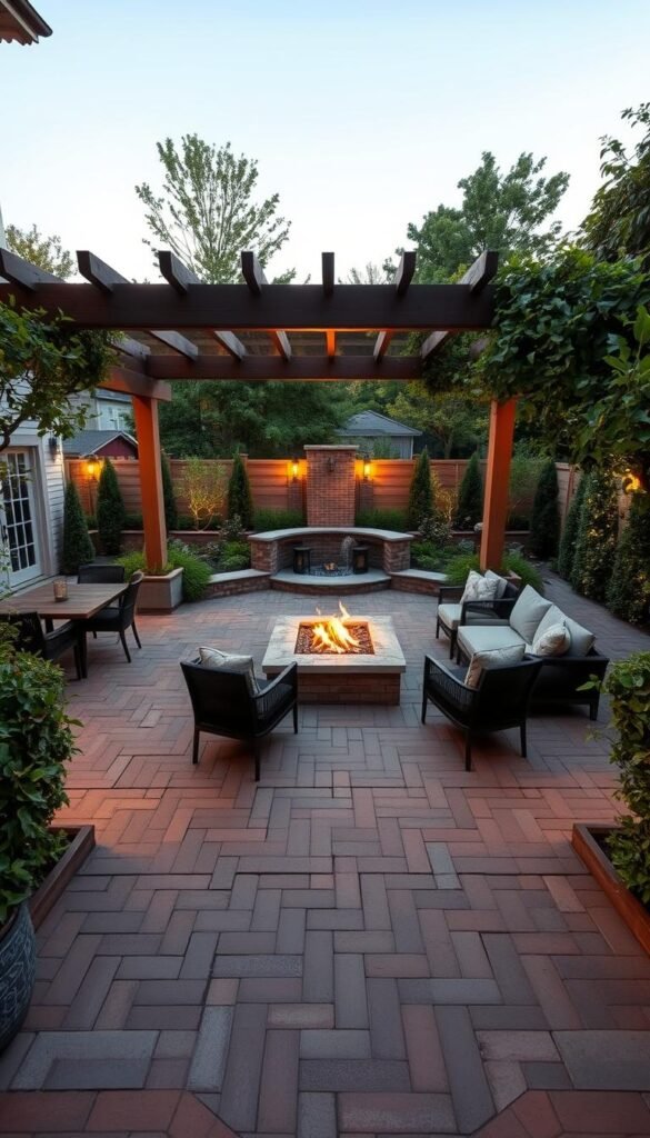 Patio zoning design: A well-defined outdoor living area with distinct sections for dining, lounging, and entertainment. The focal point is a central fireplace, surrounded by cozy seating arrangements. Lush greenery and warm lighting create a serene, inviting ambiance. Interlocking pavers in a herringbone pattern delineate the different zones, while a wooden pergola overhead casts gentle shadows. In the distance, a small water feature adds soothing sounds. The scene is captured with a wide-angle lens, emphasizing the spatial organization and harmonious blend of materials. The overall mood is one of relaxation and sophisticated, yet approachable, outdoor living.