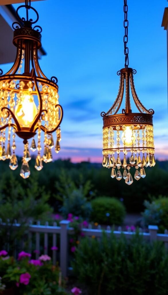 Porch lights softly illuminate the cozy outdoor scene, their warm glow casting a welcoming ambiance. In the foreground, a pair of ornate chandeliers hang gracefully, their intricate metalwork and cascading crystals adding a touch of elegant sophistication. The middle ground features a lush, verdant garden, with vibrant flowers and foliage providing a natural backdrop. In the distance, the sky fades into a serene twilight, hinting at the tranquility of the evening. The overall composition evokes a sense of inviting comfort, blending the beauty of nature with the refined elegance of carefully curated lighting.