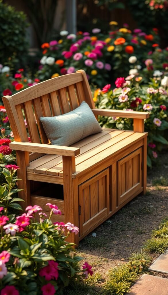 Prompt A cozy garden scene with a beautifully crafted dual-purpose wooden bench, featuring integrated storage compartments beneath the cushioned seat. The bench is placed amidst a lush, colorful flower bed, with vibrant blooms spilling over the edges. Soft, diffused lighting casts a warm, inviting glow, highlighting the natural textures and tones of the wood. The angle showcases the bench's practical design, with clean lines and a minimalist aesthetic that seamlessly blends into the serene, well-manicured garden setting.