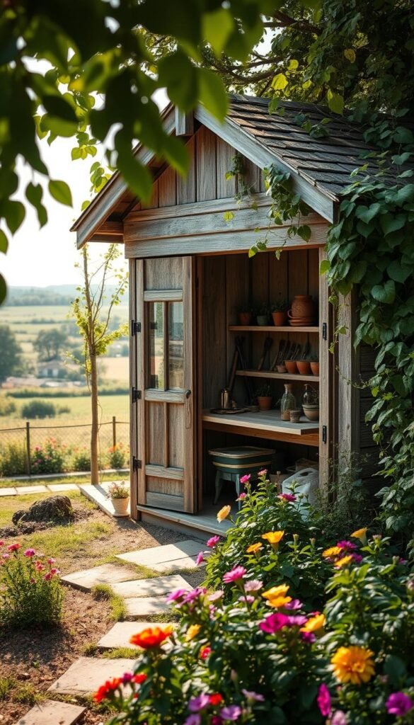 Quaint potting shed nestled amidst lush greenery, its weathered wooden exterior adorned with climbing vines and a charming roof. Sunlight filters through the open doorway, illuminating a cozy interior filled with terracotta pots, pruning tools, and a vintage workbench. In the foreground, a row of colorful blooms line the entryway, complementing the rustic charm. The middle ground reveals a well-tended garden, with winding paths and bountiful flower beds. In the distance, a picturesque countryside landscape unfolds, adding to the serene and inviting atmosphere. Captured with a warm, soft-focus lens to accentuate the idyllic, timeless quality of this charming potting shed.