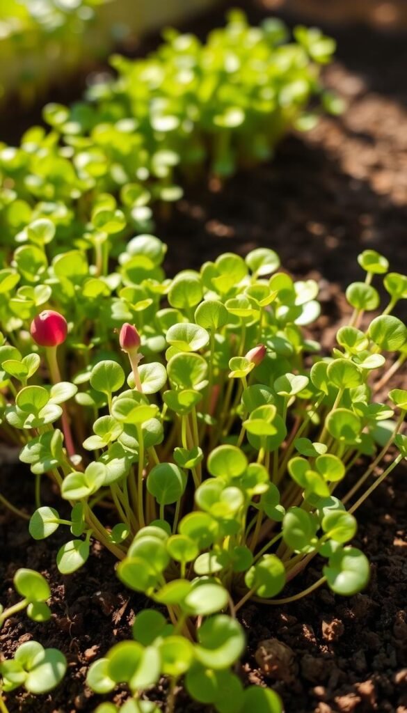 Radish microgreens thriving in a sun-drenched kitchen garden, their vibrant red-pink hues and delicate, lush foliage filling the frame. Crisp, close-up view showcasing the rapid growth and tender, bite-sized perfection ready for a speedy harvest. Soft, warm lighting illuminates the scene, highlighting the microgreens' delicate texture and the soil's rich, earthy tones. Minimal background, allowing the microgreens to take center stage and inspire a sense of effortless, bountiful gardening success.