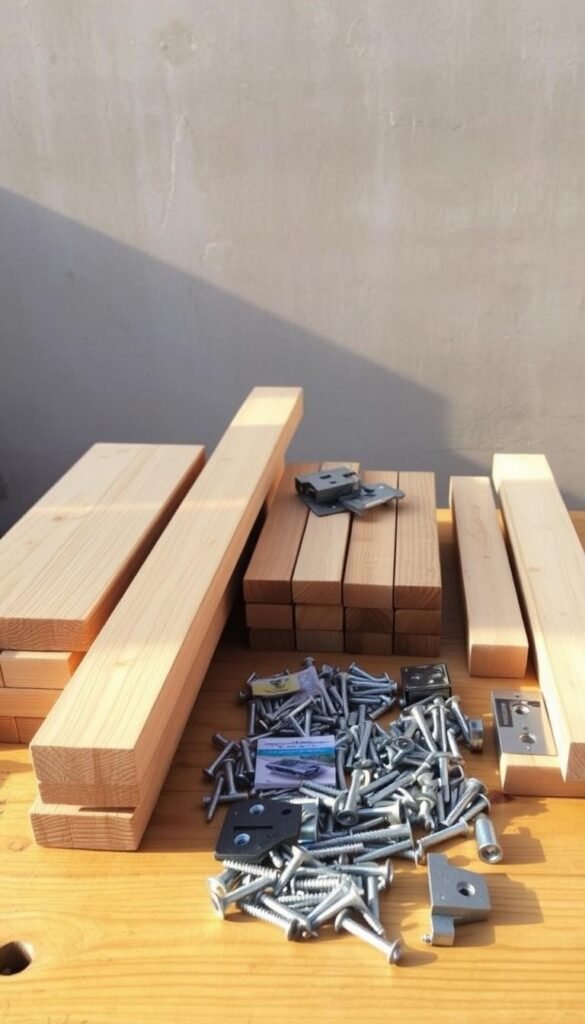 Raised bed lumber and hardware materials arranged on a wooden table under warm, natural lighting. In the foreground, a stack of untreated cedar planks and beams of varying lengths. In the middle ground, an assortment of galvanized screws, nails, brackets, and hinges neatly organized. In the background, a neutral-colored concrete or stone wall provides a clean, minimalist backdrop. The overall scene conveys a sense of simplicity, practicality, and the essential elements needed to construct a basic raised garden bed.