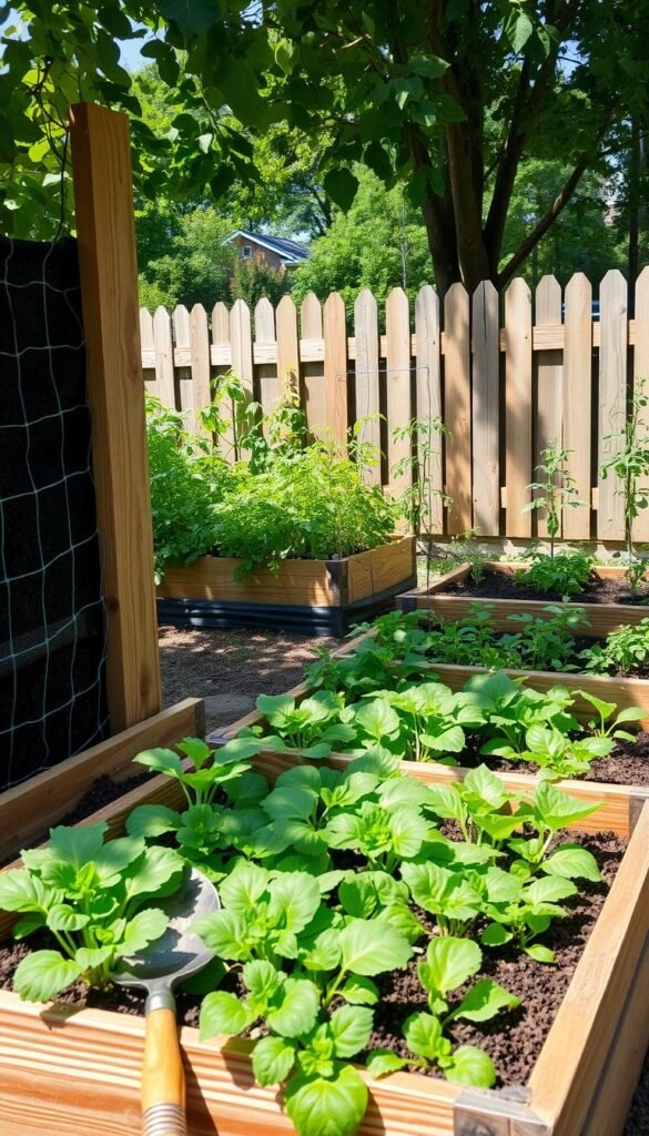 Raised garden beds, a lush oasis nestled in a verdant backyard. Towering, weather-worn wooden frames filled with rich, dark soil, ready to nurture a bountiful harvest. Sunlight filters through leafy canopies, casting a warm glow on the carefully tended beds. In the foreground, a well-worn trowel rests alongside freshly transplanted seedlings, their delicate leaves reaching towards the sky. The middle ground showcases a variety of vibrant greens, from the cascading foliage of leafy lettuce to the sturdy stems of thriving tomato plants. In the background, a picturesque wooden fence frames the scene, adding a rustic charm to this productive backyard haven. Crisp, detailed textures, balanced lighting, and a sense of serene abundance capture the essence of this backyard oasis.