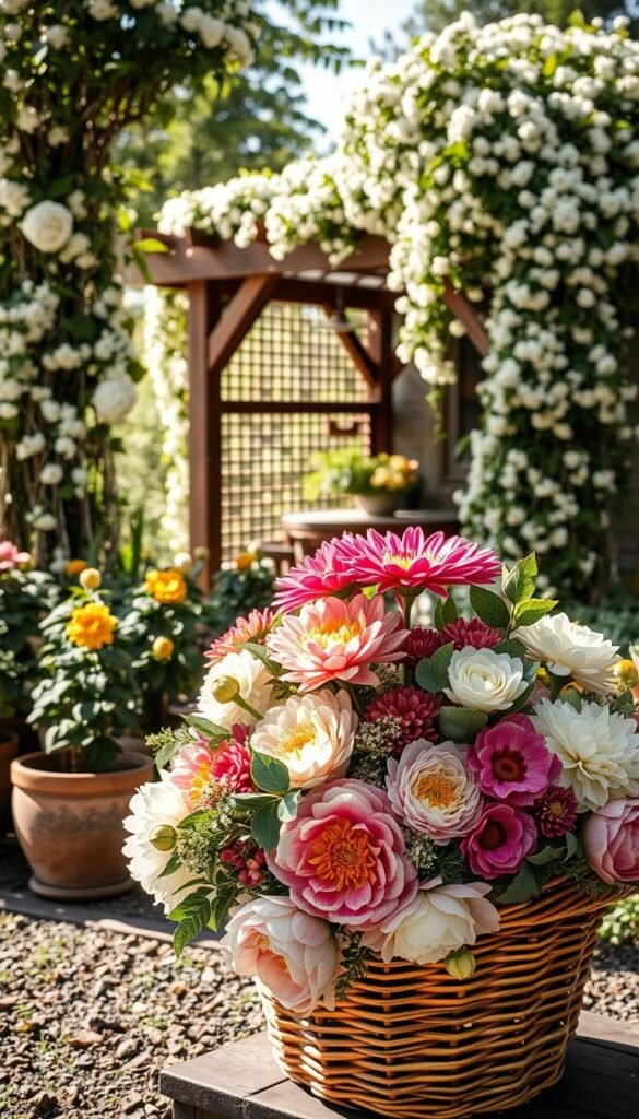 Seasonal floral arrangements in a sun-dappled garden setting. Foreground features a vibrant bouquet of fresh blooms in a rustic wicker basket - peonies, dahlias, ranunculus, and eucalyptus. Middle ground showcases lush potted plants and trailing vines in an assortment of textures and hues. Background depicts a cozy wooden gazebo or pergola, wrapped in delicate blossoms that create a warm, inviting atmosphere. Soft, natural lighting filters through the scene, casting a gentle glow. Composition is balanced and visually harmonious, evoking a sense of seasonal beauty and tranquility.