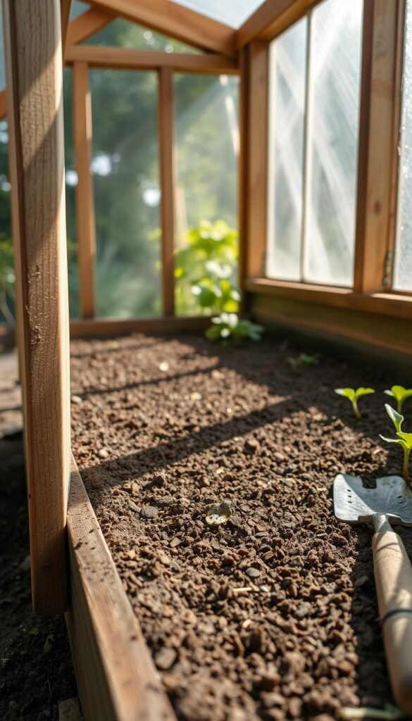 Soil preparation in cold frame: A close-up view of a well-tilled soil bed inside a wooden cold frame structure. The frame is illuminated by soft, natural lighting filtering through the transparent glass or plastic panes. Granular soil is meticulously raked and leveled, ready to accommodate delicate seedlings and young plants. Gardening tools, such as a hand trowel or small rake, rest nearby, showcasing the care and attention required to create the optimal growing environment within the protected confines of the cold frame. The overall scene conveys a sense of anticipation and the promise of an extended growing season.
