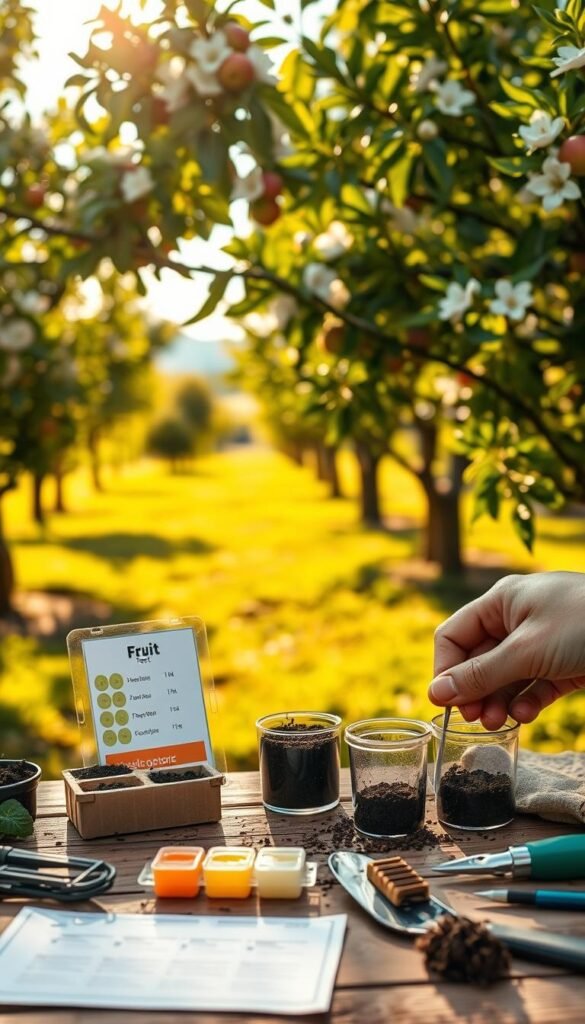 Soil testing for fruit trees, a closeup view of a person's hands using a soil test kit in a lush, well-lit orchard. The foreground features the test kit components, soil samples, and gardening tools arranged neatly on a wooden table. The middle ground showcases the fruit trees in full bloom, their vibrant green foliage and delicate blossoms. In the background, a soft, out-of-focus landscape unfolds, hinting at the overall orchard setting. Warm, golden sunlight filters through the trees, casting a natural, earthy glow over the scene. The overall atmosphere evokes a sense of careful preparation, nurturing, and an appreciation for the natural world.