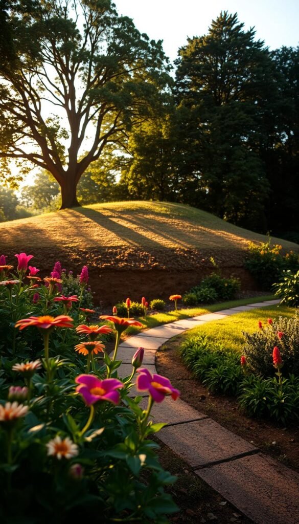 Sunlight drainage zones, a lush garden scene. In the foreground, vibrant flowers bloom, their petals gently kissed by warm, diffused sunlight. A meandering path winds through the composition, leading the eye towards a gently sloping hill in the middle ground, where the soil appears rich and well-drained. Towering trees in the background provide a natural canopy, casting dynamic shadows that dance across the scene. The lighting is soft and atmospheric, creating a serene, inviting ambiance. Capture the essence of thriving, healthy plant life nourished by the perfect balance of sunlight and drainage.
