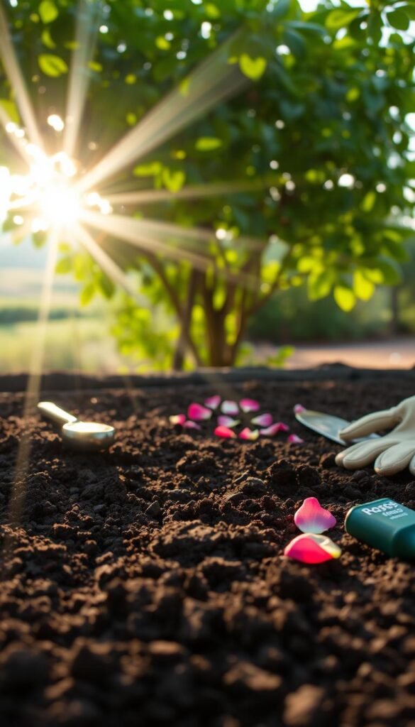 Sunlight streaming through lush foliage, illuminating a meticulously prepared rose garden bed. In the foreground, freshly tilled soil, dark and crumbly, ready to receive the delicate rose roots. Nearby, a gardening trowel and gloves, signifying the care and attention required. In the middle ground, a scattering of rose petals, hinting at the vibrant blooms to come. The background features a soft, blurred landscape, allowing the viewer to focus on the rose bed's preparation. The overall scene exudes a sense of anticipation, as if the viewer is about to witness the start of a beautiful rose garden's journey.