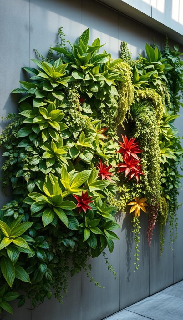Vertical garden concepts, showcasing lush, thriving greenery cascading down a sleek, modern concrete wall. Vibrant tropical foliage, varied in shape and texture, creates a stunning living tapestry. Soft, diffused natural lighting illuminates the scene, casting gentle shadows that add depth and dimension. The composition is balanced, with a mix of larger statement plants and smaller, cascading vines. The overall atmosphere is one of tranquility and urban renewal, inviting the viewer to imagine the possibilities of transforming a plain wall into a verdant, living work of art.