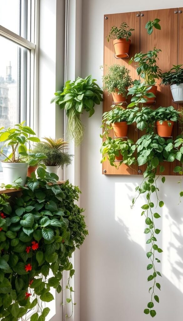 Vertical garden systems featuring a lush arrangement of potted herbs, leafy greens, and trailing vines cascading down metal shelves or wooden panels. Soft natural lighting from large windows illuminates the vibrant colors and textures of the diverse plants. The clean, minimalist design showcases the efficient use of vertical space, creating a serene and rejuvenating indoor oasis perfect for the urban kitchen garden. Herbs such as basil, rosemary, and thyme stand tall, their aromatic leaves gently swaying. Leafy kale, spinach, and chard add depth and contrast. Trailing vines of ivy or peppery nasturtiums spill over the shelves, completing the verdant display.