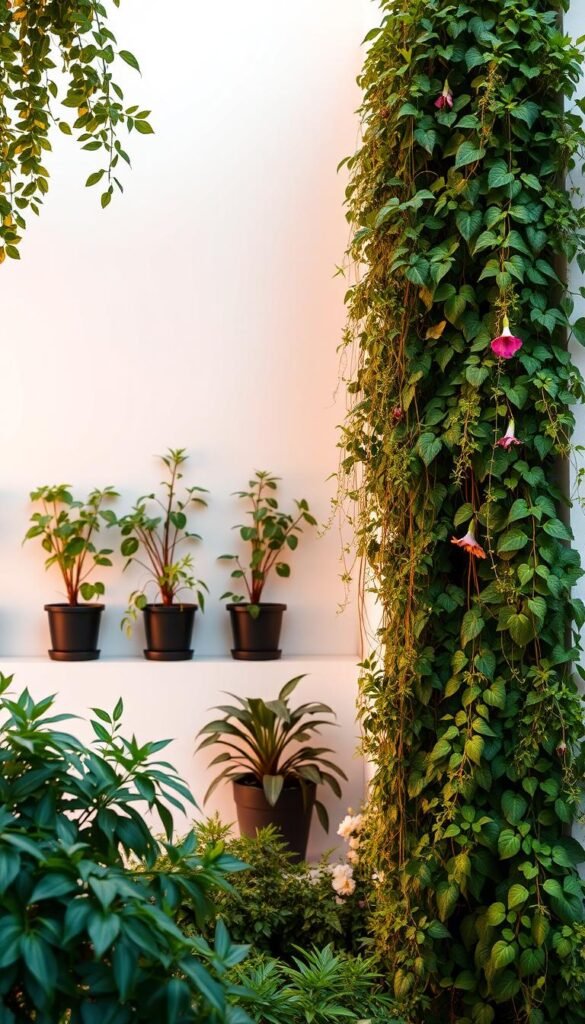 Vertical garden with lush, thriving plants cascading down a modern, minimalist wall. The foreground features a variety of leafy vines, trailing flowers, and verdant foliage in shades of green, accented by pops of vibrant color. The middle ground showcases carefully arranged potted plants, their leaves gently swaying in a soft breeze. The background depicts a clean, white wall, creating a serene and calming atmosphere that allows the natural elements to take center stage. Warm, diffused lighting illuminates the scene, casting gentle shadows and highlighting the texture and depth of the greenery. The overall composition conveys a harmonious integration of nature and architecture, inviting the viewer to immerse themselves in the serene, tranquil atmosphere.