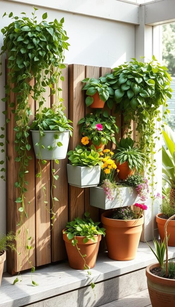 Vibrant DIY vertical garden with lush greenery cascading down various tiered planters of different shapes and materials - weathered wood, sleek concrete, and rustic terracotta. The arrangement is nestled in a bright, airy outdoor setting with soft natural light filtering through. Trailing vines, leafy plants, and colorful blooms create a dynamic, textured focal point. The composition has a harmonious, earthy aesthetic that inspires creativity and a connection to nature.