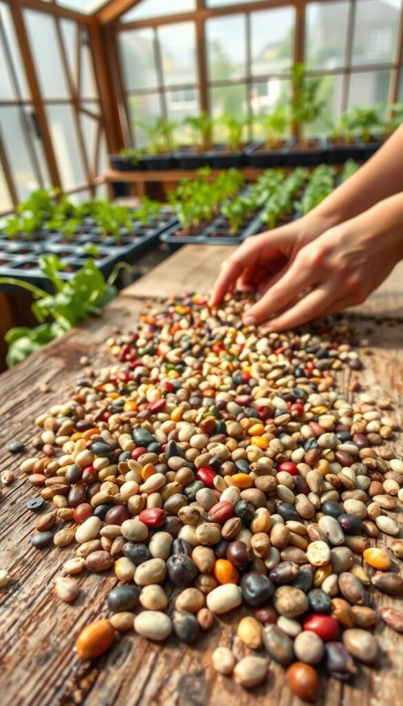 Vibrant, close-up image of seed starting and saving techniques. In the foreground, a variety of heirloom vegetable seeds in different colors and shapes are meticulously arranged on a rustic wooden surface, their textures and patterns captured in high detail. In the middle ground, a person's hands carefully separating and sorting the seeds, their movements frozen in time. In the background, a greenhouse or potting bench with trays of seedlings, soft natural lighting filtering through the windows, creating a warm, nurturing atmosphere. The overall scene conveys the care, patience, and attention to detail required to grow healthy plants from seed, perfectly complementing the article's focus on organic, chemical-free gardening.