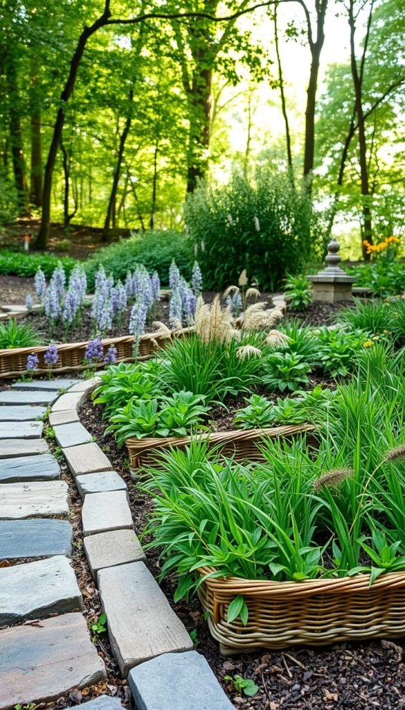 Vibrant eco-friendly garden edging options, showcasing a variety of sustainable materials in a natural outdoor setting. In the foreground, rustic stone pavers, reclaimed wood planks, and woven wicker borders line neatly trimmed flower beds. The middle ground features a mix of lush greenery, including low-growing perennials and ornamental grasses. The background depicts a tranquil woodland scene, with dappled sunlight filtering through the canopy of trees. The overall composition evokes a sense of harmony between the garden and its surrounding environment, highlighting the beauty and practicality of thoughtful, eco-conscious edging choices.