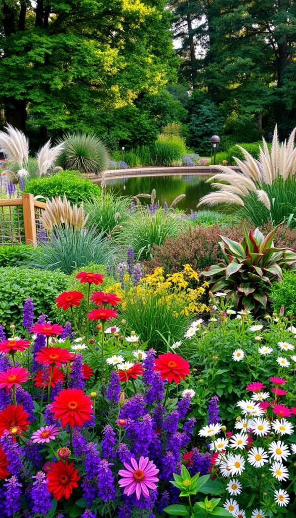 Vibrant garden bursting with lush, diverse plantings. Foreground features an array of perennials in a kaleidoscope of colors - bold red dahlias, cascading purple salvia, delicate white cosmos. Mid-ground showcases a mix of ornamental grasses and textural foliage plants like feathery Japanese forest grass and broad-leaved elephant ears. Background hints at a tranquil pond reflecting the scene, framed by a canopy of towering, verdant trees. Warm, directional lighting illuminates the dynamic composition, creating depth and drama. A harmonious, visually captivating display of creative planting design.