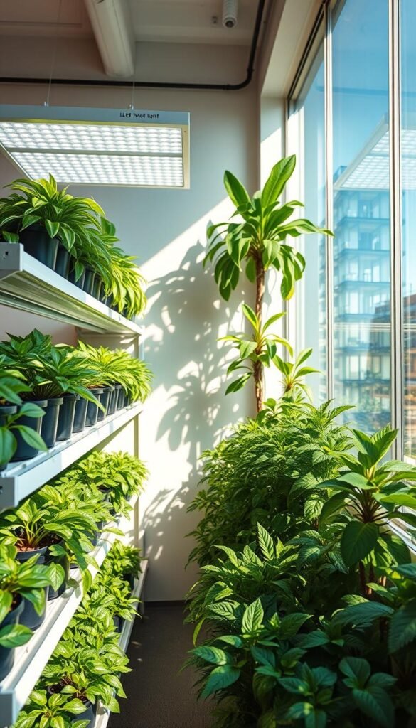 Vibrant indoor garden scene, maximizing natural and artificial light to nourish thriving plants. Sunlight streams through large windows, casting warm glow on lush foliage. Verdant floor-to-ceiling shelves display an array of potted greenery, each positioned to receive optimal illumination. Strategically placed LED grow lights supplement ambient light, creating a balanced, plant-friendly environment. Sleek, minimalist design elements accentuate the serene, nature-inspired atmosphere. Crisp, high-resolution details capture the harmonious interplay of natural and engineered lighting solutions, inspiring a flourishing indoor oasis.