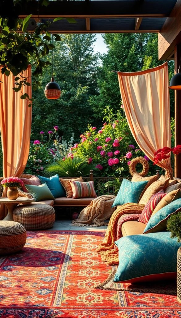Vibrant outdoor textiles adorn a lush garden patio, casting a warm, inviting glow. In the foreground, a plush, colorful rug anchors the space, its bold patterns and textures inviting exploration. Surrounding it, an array of pillows, cushions, and throws in a harmonious palette of jewel-toned hues add depth and dimension. In the middle ground, sheer, flowing curtains flutter gently in the breeze, casting dappled shadows and adding a sense of softness. In the background, verdant foliage and blooming flowers create a verdant, nature-inspired backdrop, complementing the rich, tactile fabrics. Evocative lighting, with a slight golden cast, illuminates the scene, infusing it with a cozy, welcoming ambiance.