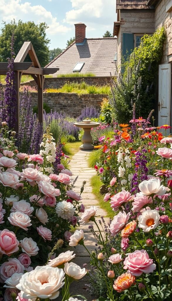 Vintage blooms garden: a lush, romantic scene of overflowing flower beds nestled in a cozy cottage setting. In the foreground, a kaleidoscope of heirloom roses, peonies, and delphinium in muted pastel hues sway gently in the soft, golden light. The middle ground features a quaint garden path winding through a profusion of lavender, hollyhocks, and cosmos, framed by weathered wooden trellises and a stone birdbath. In the background, a historic stone wall and a charming country house with peeling paint create a sense of timeless, nostalgic charm. The overall atmosphere evokes a dreamy, sun-dappled summer day, inviting the viewer to step into this serene, idyllic world of vintage blooms.