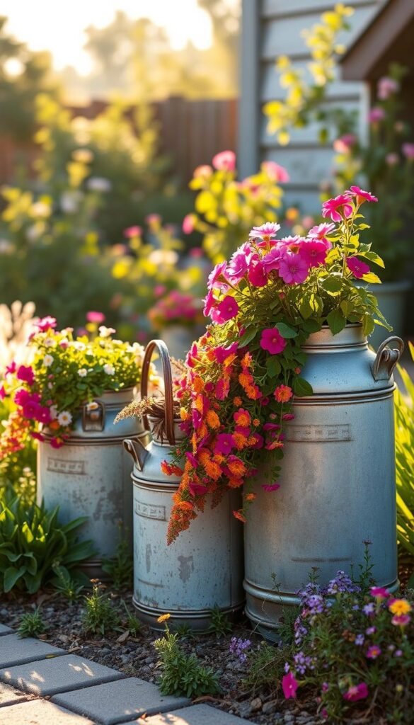 Vintage milk can planters standing in a quaint garden, bathed in warm, golden sunlight. The cans, with their weathered, distressed metal surfaces, are overflowing with cascading flowers in vibrant hues, creating a charming, rustic display. The planters are arranged in a natural, informal layout, nestled among lush greenery and small, colorful blooms that spill over the edges, blending seamlessly with the surrounding landscape. The scene evokes a sense of timeless, countryside elegance, inviting the viewer to imagine the peaceful, rejuvenating atmosphere of this innovative, upcycled garden oasis.