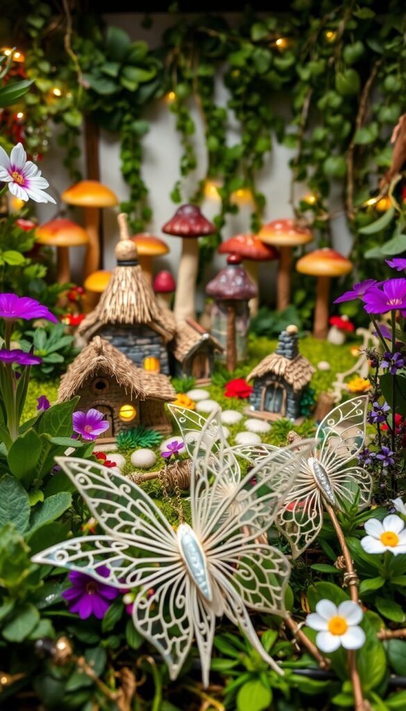 Whimsical fairy accessories and miniature DIY fairy houses nestled amidst lush greenery, vibrant flowers, and twinkling lights. In the foreground, delicate fairy wings, intricate jewelry, and tiny wands adorn a enchanting scene. The middle ground features a cluster of charming fairy dwellings, each with its own distinct architectural style - thatched roofs, stone walls, and delicate trellises. In the background, a magical garden setting with towering toadstools, cascading vines, and a soft, diffused glow creates an intimate, enchanted atmosphere. Capture the joy and wonder of a custom indoor fairy garden with this detailed, imaginative scene.