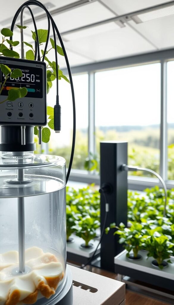 a detailed, high-quality, photo-realistic image of a hydroponic nutrient monitoring system in a clean, modern indoor garden setting. The foreground shows a transparent nutrient tank with a digital display, nutrient solution, and various sensor probes. The middle ground has a sleek, minimalist hydroponic growing system with lush, healthy plants and pipes or tubing carrying the nutrient solution. The background features bright, natural lighting from large windows overlooking a serene, green indoor garden landscape. The overall scene conveys a sense of scientific precision, environmental control, and thriving plant growth in a DIY hydroponics setup.