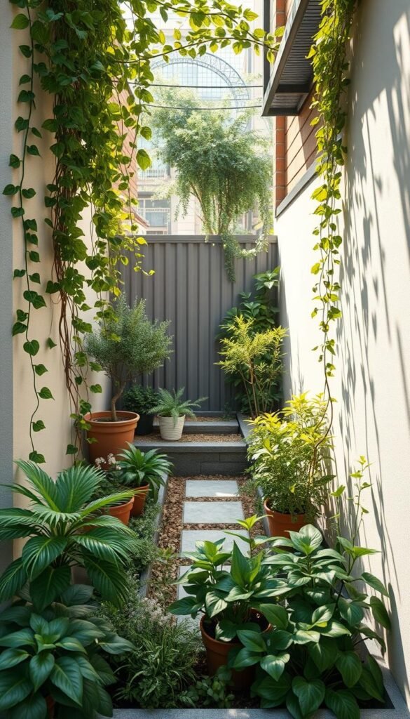 a detailed, photorealistic illustration of a compact urban yard design, showcasing a well-planned and thoughtfully-arranged small garden space. The foreground features lush greenery, including potted plants, trailing vines, and a small tree or shrub, carefully positioned to maximize the use of limited space. The middle ground depicts a mix of hardscaping elements, such as paving stones, a raised planter bed, and possibly a compact seating area or a small water feature, all harmoniously integrated. The background suggests a cozy, urban setting, with the suggestion of nearby buildings or fences, creating a sense of enclosure and intimacy. The lighting is soft and natural, with diffused sunlight filtering through the foliage, evoking a tranquil and inviting atmosphere. The overall composition conveys a sense of balance, creativity, and an efficient use of a compact urban yard space.