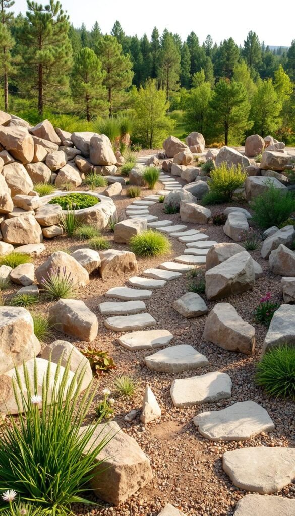 a meticulously planned rock garden layout, featuring an array of strategically placed natural stones and boulders in various sizes and textures, artfully arranged to create a serene and harmonious outdoor oasis. The foreground showcases a well-curated selection of drought-tolerant plants, their foliage and blooms complementing the rugged, earthy tones of the rocks. The middle ground captures a winding path inviting exploration, while the background suggests a lush, forested setting, providing a natural backdrop that enhances the tranquil ambiance. Soft, diffused lighting casts gentle shadows, accentuating the three-dimensional elements and evoking a sense of depth and dimension. The overall composition embodies a harmonious balance between the rugged and the refined, creating a visually captivating and inspirational scene for the "Planning Your Dream Outdoor Rock Garden" section.