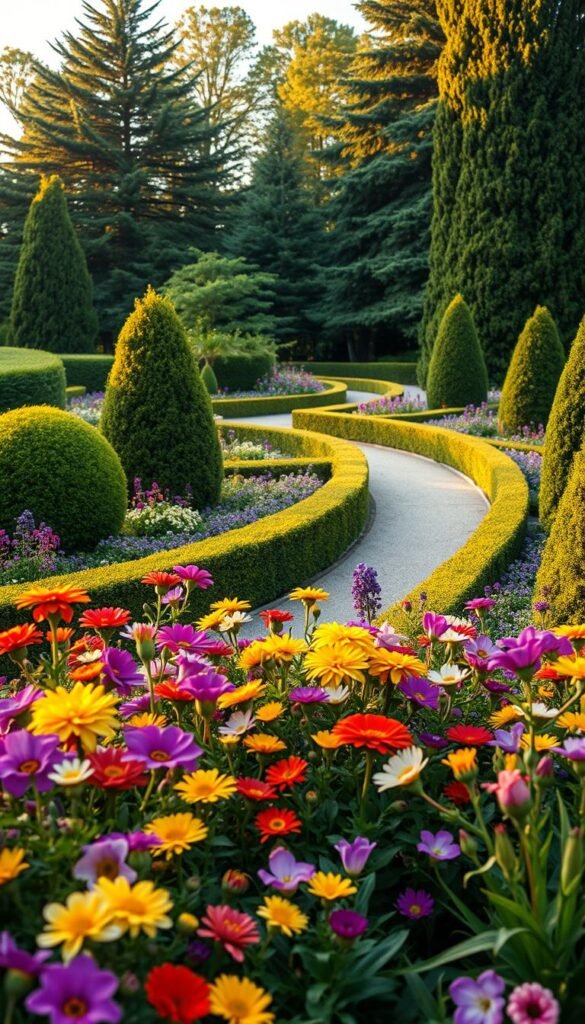 a serene and harmonious garden design, showcasing the principles of balance, rhythm, and focal points. In the foreground, a carefully curated arrangement of vibrant, blooming flowers in a mix of complementary colors, artfully arranged to create a sense of visual harmony. In the middle ground, a meandering path leads the eye through the garden, flanked by neatly trimmed hedges and well-placed shrubs, creating a sense of depth and structure. The background features a lush, verdant backdrop of towering trees, providing a natural and soothing ambiance. The lighting is warm and diffused, casting a soft, golden glow over the entire scene, evoking a sense of tranquility and timelessness. The overall composition is balanced, with a clear focal point that draws the viewer's attention, creating a visually captivating and aesthetically pleasing garden design.