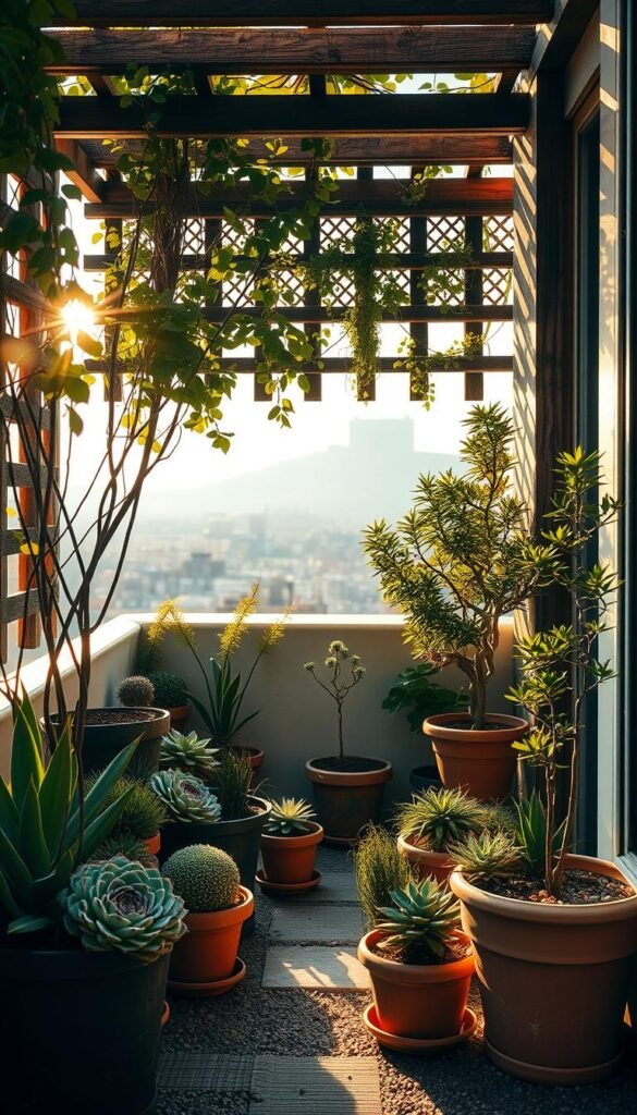 a small rooftop or balcony garden with neatly arranged potted plants, succulents, and miniature trees, bathed in warm afternoon sunlight filtering through a latticed structure, creating a cozy, intimate atmosphere, with a subtle urban skyline visible in the background, highlighting the clever use of limited space to create a lush, serene oasis