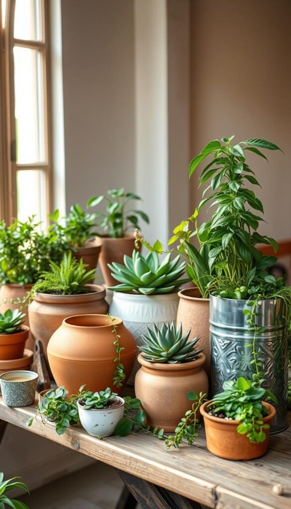 indoor garden containers, a collection of various terracotta, ceramic, and metal planters showcasing different shapes, sizes, and textures, neatly arranged on a rustic wooden table. The containers are filled with lush, verdant houseplants, including succulents, trailing vines, and leafy greens, creating a harmonious and rejuvenating atmosphere. Warm, soft lighting from a nearby window casts a gentle glow, highlighting the natural tones and textures of the materials. The scene exudes a sense of tranquility and a touch of industrial chic, perfect for a DIY indoor garden project. A clean, minimalist background allows the containers and plants to be the focal point, inspiring the viewer to gather these essential materials and tools to build their own thriving indoor oasis.