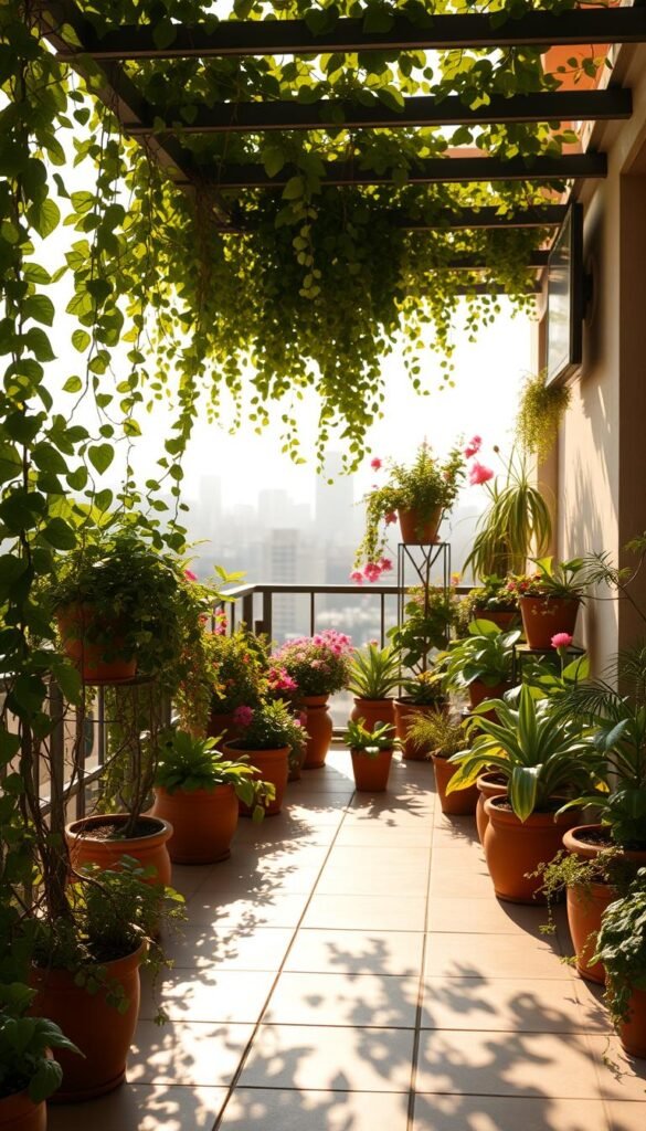 A balcony oasis bathed in soft, natural light. In the foreground, lush, verdant potted plants casting delicate shadows across the sun-warmed tiles. A mix of trailing vines, vibrant flowers, and lush foliage create a layered, textural scene. The middle ground features a smattering of terra cotta pots in varying sizes, each hosting a unique and thriving plant. Dappled sunlight filters through the overhead trellis, casting a warm, golden glow and creating a serene, tranquil atmosphere. The background showcases the city skyline, hazy and indistinct, allowing the focus to remain on the inviting balcony garden. Crisp, high-resolution image captured with a wide-angle lens to showcase the depth and scale of this cozy, plant-filled oasis.