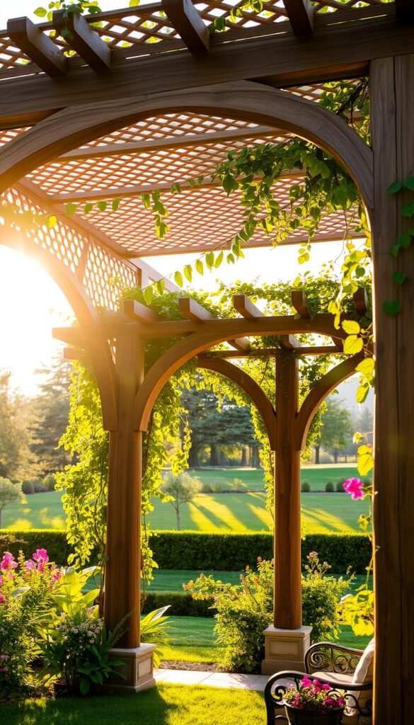 A beautiful garden pergola with a graceful, sculptural design, bathed in warm, golden sunlight. The structure is crafted from sturdy, weathered wood beams and columns, with intricate latticework overhead casting soft, dappled shadows on the lush, verdant foliage below. Climbing vines and flowering plants entwine the framework, adding a vibrant, organic touch. In the foreground, a serene seating area invites relaxation, while the middle ground showcases the pergola's integration with the surrounding landscape. The background features a tranquil, natural setting, perhaps a manicured lawn or a backdrop of mature trees, creating a harmonious, picturesque scene.