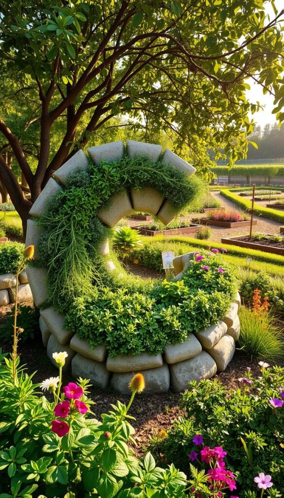 A beautiful herb spiral design nestled in a lush, vibrant fruit garden. The spiral is constructed from natural stone, its layers intertwined with thriving rosemary, thyme, oregano, and other fragrant herbs. Sunlight filters through the canopy of nearby fruit trees, casting a warm, golden glow over the scene. The spiral's graceful, swirling form creates a mesmerizing focal point, seamlessly blending the practical and the aesthetic. In the foreground, verdant foliage and colorful blooms add pops of vitality, while the background features a harmonious landscape of orchards and well-tended raised beds. This innovative design not only serves a functional purpose but also elevates the overall aesthetic of the edible oasis.