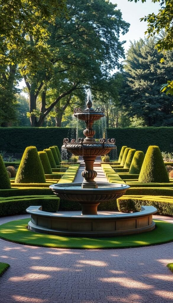 A beautiful, ornamental fountain standing as the centerpiece of a meticulously manicured formal garden. The fountain's intricate, classical design features graceful, cascading water arcs against a backdrop of lush, symmetrical hedges and neatly clipped topiaries. Dappled sunlight filters through the trees, casting a warm, golden glow over the scene. The garden's geometric layout, with paths radiating outward, draws the eye inexorably towards the fountain's captivating focal point. The overall atmosphere is one of tranquility, order, and refined elegance - a serene oasis designed to delight and inspire the traditionalist garden enthusiast.