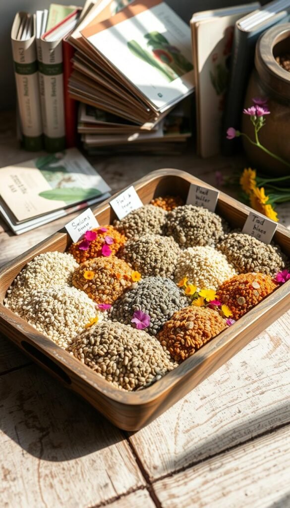 A beautifully arranged still life showcasing a diverse selection of wildflower seeds in a rustic wooden tray. The seeds are presented in small piles, each with a handwritten label detailing the species, color, and bloom time. The tray is placed on a weathered wooden surface, with soft, natural lighting cascading across the scene, highlighting the delicate textures and hues of the seeds. In the background, a collection of field guides and seed packets provides context, suggesting this is a carefully curated guide to selecting the right wildflower seeds for an eco-friendly garden. The overall mood is one of simplicity, authenticity, and a reverence for the natural world.