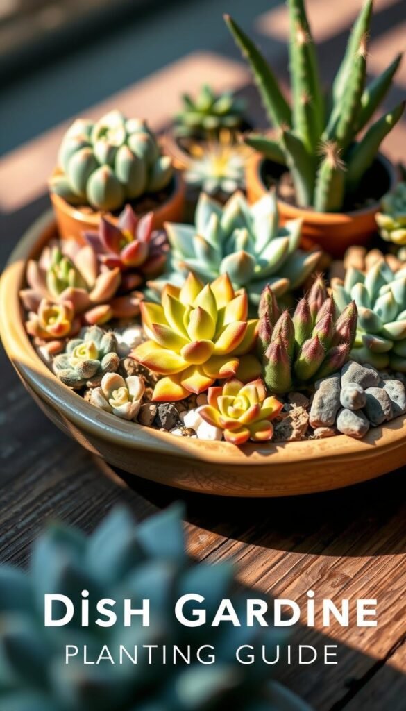 A beautifully composed close-up photograph of a dish garden planting guide, showcasing an assortment of succulents and cacti in a shallow ceramic container. The lighting is soft and natural, casting gentle shadows that accentuate the textures and colors of the plants. The image is shot from a slightly elevated angle, providing a clear, unobstructed view of the lush, well-arranged composition. The background is blurred, keeping the focus on the detailed, expertly curated dish garden. The overall mood is one of tranquility and horticultural expertise, inviting the viewer to explore the step-by-step process of creating their own thriving dish garden.