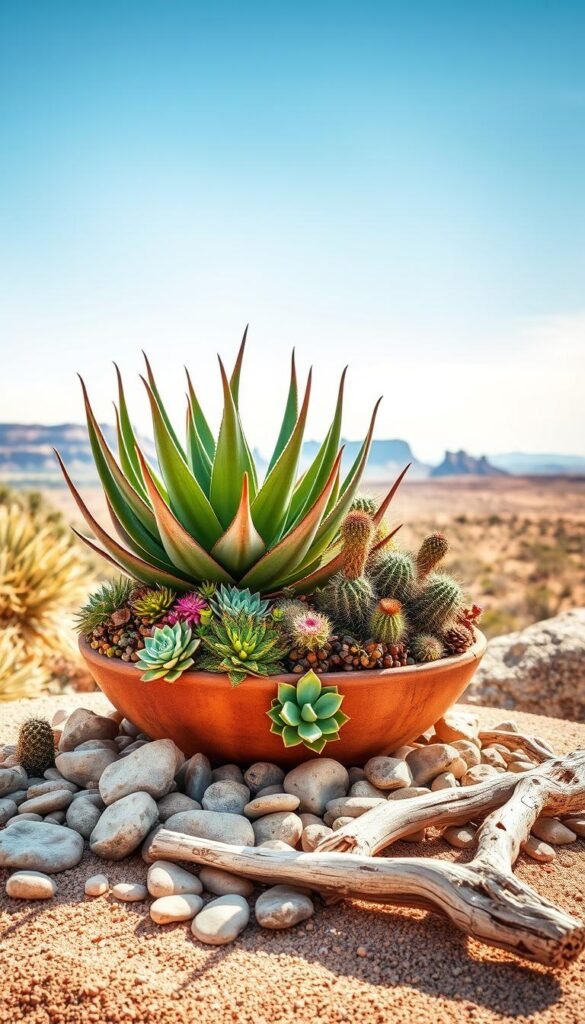 A beautifully composed desert dish garden, showcasing a harmonious blend of succulents and cacti in a sun-drenched display. The foreground features a rustic terracotta pot brimming with vibrant, sculptural agave plants, their spiny leaves reaching towards the sky. Surrounding the centerpiece are smaller, compact cacti and trailing echeveria, creating a lush, textural tapestry. In the middle ground, a scattering of smooth river stones and weathered driftwood add organic accents, while the background depicts a vast, arid landscape with distant mesas and a brilliant azure sky. Soft, warm lighting casts gentle shadows, evoking a sense of tranquility and desert elegance.