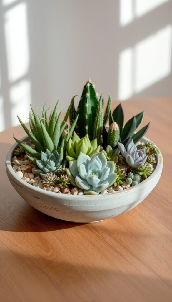 A beautifully composed dish garden display, showcased in a shallow, weathered ceramic bowl. The arrangement features a harmonious mix of succulents, cacti, and other drought-resistant plants, carefully selected to create a visually striking yet low-maintenance centerpiece. Soft, natural light filters through the scene, casting gentle shadows and highlighting the textural details of the plants. The bowl is positioned on a simple, wooden surface, allowing the living display to take center stage. The overall atmosphere is one of serene elegance, inviting the viewer to appreciate the beauty and tranquility of this thoughtfully curated dish garden.