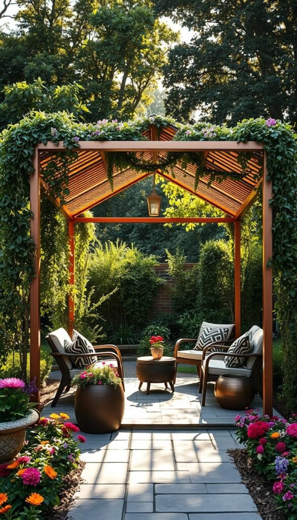 A beautifully crafted DIY copper cabana in a lush garden setting. The structure features sleek, minimalist lines with a copper-toned metal frame and a slatted roof that casts warm, mottled shadows. Tall, verdant plants and flowering vines spill over the edges, creating a natural, bohemian ambiance. Soft, diffused sunlight filters through the canopy, illuminating the copper surfaces and casting a golden glow. The cabana is positioned on a flagstone patio, surrounded by carefully curated garden beds bursting with vibrant blooms. This serene, inviting outdoor retreat exudes a chic, contemporary aesthetic that seamlessly blends into the surrounding landscape.