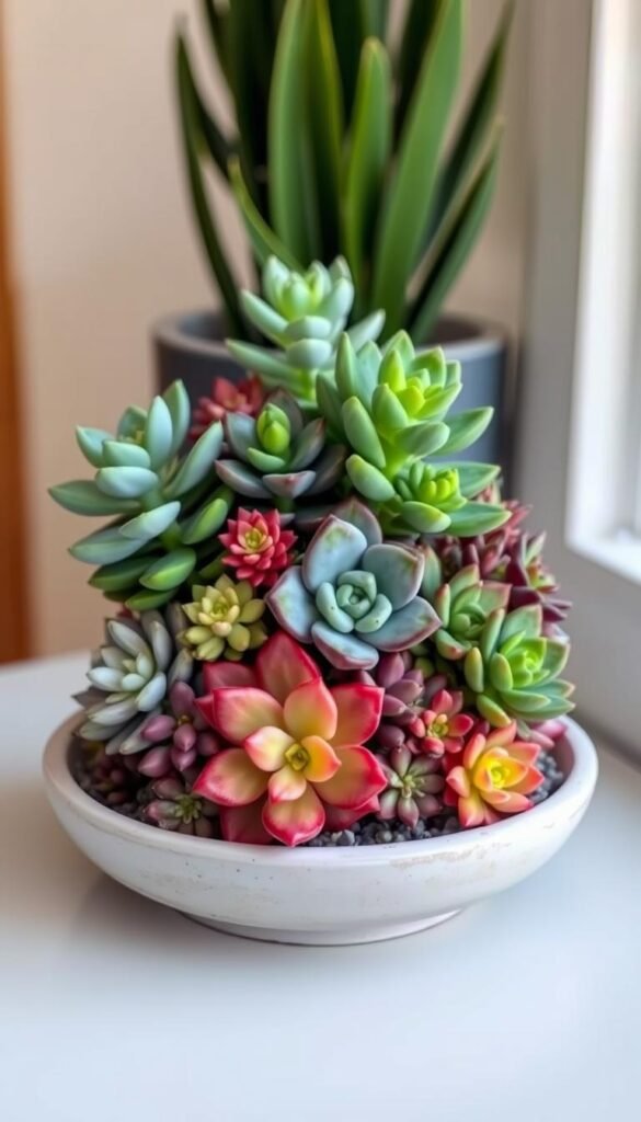 A beautifully crafted succulent planter in a clean, minimalist style, captured in soft, natural lighting. The planter features a shallow ceramic dish with a smooth, neutral-toned glaze, filled with a meticulously arranged composition of vibrant, varied succulents in lush greens, purples, and reds. The succulents are positioned with care, creating a harmonious, tiered display that showcases their unique shapes and textures. The overall scene exudes a sense of tranquility and attention to detail, inviting the viewer to appreciate the simple beauty of this easy-to-recreate DIY project.