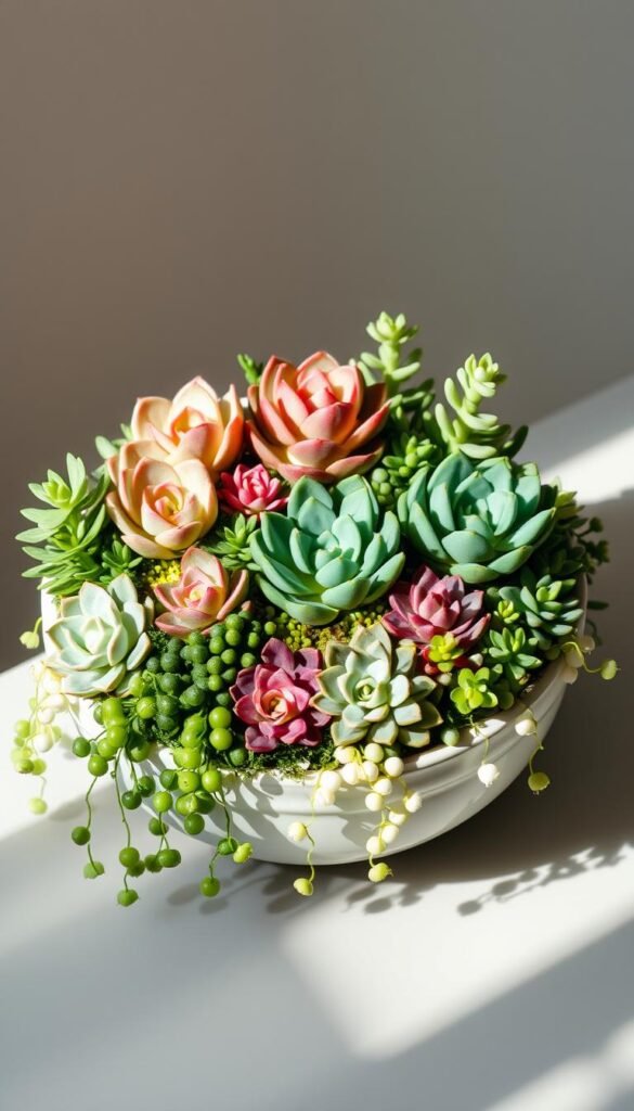 A beautifully curated succulent dish garden design, meticulously arranged with a variety of lush, vibrant succulents in an elegant ceramic bowl. The striking composition features a mixture of rosette-shaped echeveria, compact sedum, and trailing String of Pearls cascading over the edges, creating a lush, natural tapestry. Soft, diffused lighting illuminates the scene, casting gentle shadows and highlighting the intricate textures and jewel-like hues of the succulents. The overall aesthetic is one of serene, organic beauty, perfect for adding a touch of natural elegance to any home or garden setting.