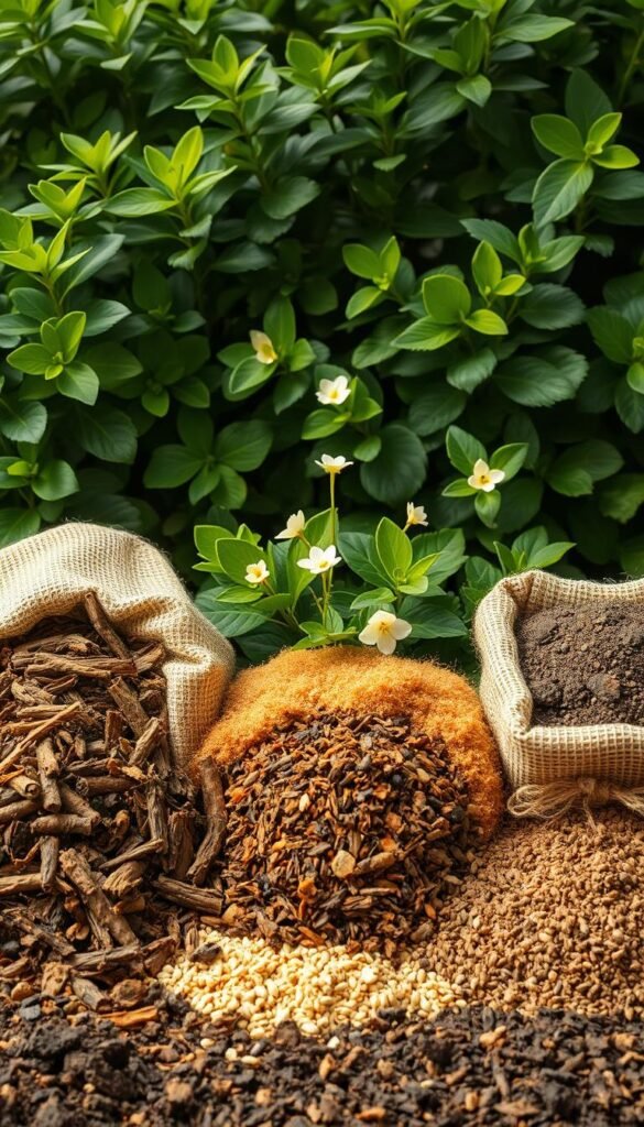 A bountiful arrangement of organic soil amendments, meticulously displayed against a backdrop of lush, verdant foliage. In the foreground, a diverse selection of natural ingredients - composted bark, peat moss, and earthworm castings - spill out from burlap sacks, their earthy tones and textures inviting the viewer to imagine the fertile, nutrient-rich soil they will create. In the middle ground, a scattering of vibrant green leaves and delicate blooms hint at the flourishing garden to come, while the soft, diffused lighting casts a warm, natural glow over the scene, conveying a sense of spring's gentle renewal. The overall composition evokes the care and attention required to prepare a flourishing flower garden, setting the stage for the article's exploration of soil amendments and early planting strategies.
