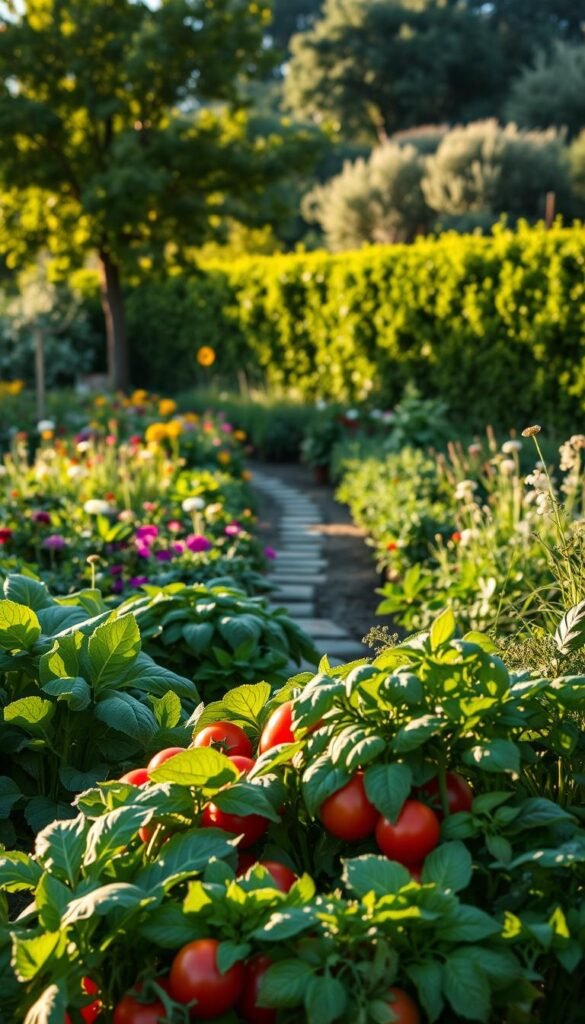 A bountiful edible landscape, bathed in warm afternoon sunlight. In the foreground, a selection of vibrant vegetables and herbs - crisp lettuce, juicy tomatoes, fragrant basil, and earthy carrots. The middle ground showcases a winding garden path, lined with blooming flowers that attract pollinators. In the background, a lush, verdant backdrop of mature fruit trees and a neatly trimmed hedge. The scene radiates a sense of abundance, harmony, and the perfect balance between form and function. Shot with a wide-angle lens to capture the depth and breadth of this self-sustaining oasis, inviting the viewer to imagine the joys of cultivating and savoring this edible landscape.