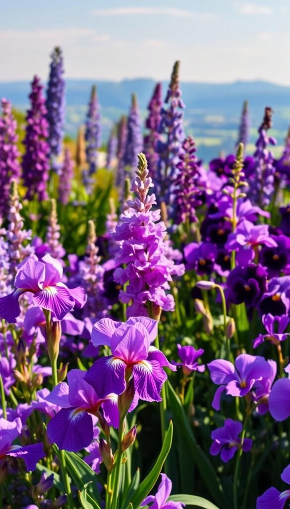 A breathtaking assortment of vibrant purple flowers in a carefully curated garden setting. In the foreground, an exquisite cluster of velvety lilac irises, their petals delicately unfurling under the warm afternoon sun. Surrounded by a lush tapestry of lavender-hued blooms, including stately lupins, fragrant lavender sprigs, and regal, velvety-petaled pansies. The middle ground features a harmonious mix of deep violet-colored dairies, plump anemones, and regal-looking orchids, their delicate petals catching the soft, diffused light. In the background, a dreamy, out-of-focus landscape of verdant foliage and a clear, azure sky, creating a sense of depth and tranquility. The overall mood is one of sophisticated elegance and natural beauty, perfectly suited for showcasing the stunning variety of purple flower options for a dramatic, elegant landscape.