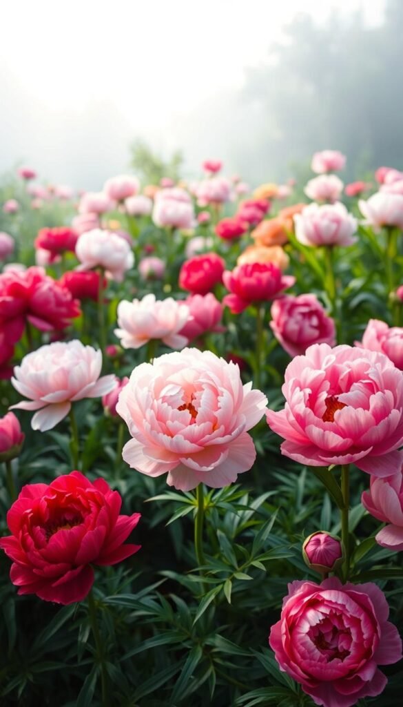 A breathtaking display of peony blooms in a lush, vibrant garden. In the foreground, magnificent peony flowers in a range of captivating colors - from delicate pastel pinks to rich, velvety reds, and vibrant fuchsias - gracefully sway in a gentle breeze. The middle ground features a mix of peony cultivars, their large, ruffled petals and verdant foliage creating a harmonious tapestry. In the background, a soft, diffused light bathes the scene, lending an ethereal, dreamlike quality. The overall composition evokes a sense of tranquility and natural beauty, perfectly capturing the allure of these magnificent blooms.