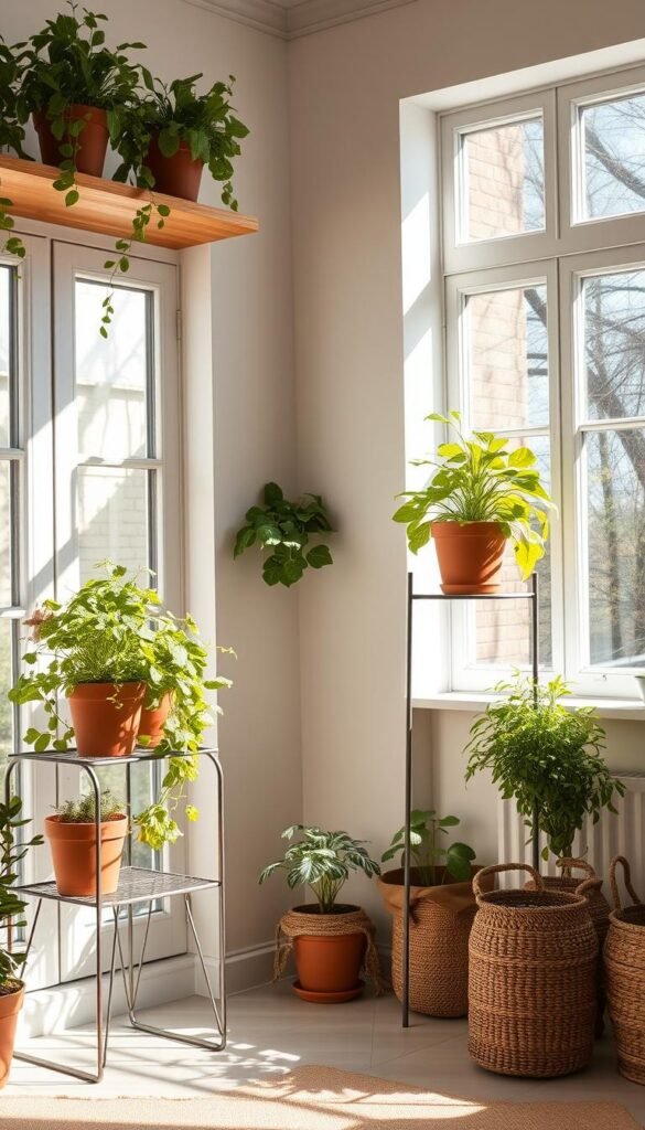 A bright, airy indoor herb garden setup with lush, verdant potted plants arranged on floating wooden shelves. Sunlight streams in through large windows, illuminating the scene with a warm, natural glow. A minimalist metal plant stand holds additional herbs, their leaves gently swaying. Terracotta pots and woven baskets add earthy textures, complementing the neutral color palette. The overall composition has a serene, tranquil atmosphere, perfectly suited for cultivating a thriving indoor herb garden.