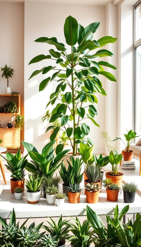 A bright, airy indoor scene showcasing a selection of beginner-friendly houseplants, arranged on modern, minimalist shelves and tables. In the foreground, a collection of small potted succulents, snake plants, and ZZ plants sit neatly in a grid formation, their lush foliage casting soft shadows. In the middle ground, a larger fiddle-leaf fig tree stands tall, its broad, glossy leaves catching the warm, natural light filtering in through large windows. The background features a simple, white-walled interior, accented with sleek, wooden furniture pieces that complement the verdant display. The overall mood is one of serenity and effortless style, inviting the viewer to envision creating their own modern indoor garden.