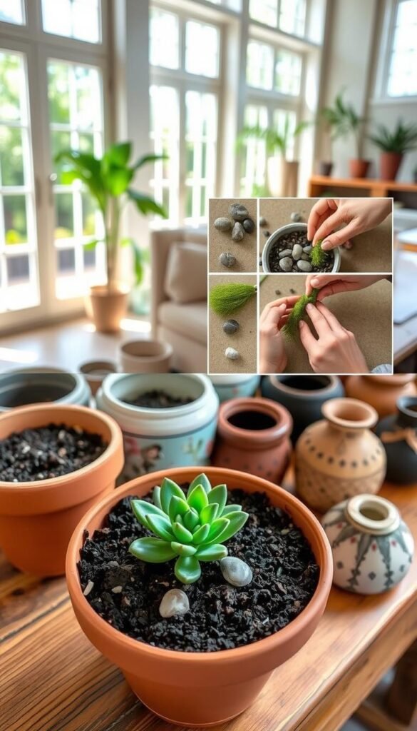 A bright, airy indoor setting with natural light streaming in through large windows. In the foreground, a simple DIY container arrangement taking shape - a terracotta pot filled with potting soil, a vibrant succulent plant being carefully placed. In the middle ground, a step-by-step process unfolding, with hands gently adding stones, arranging moss, and finishing touches. The background showcases a collection of various container sizes, shapes, and textures, hinting at the endless possibilities for crafting a stunning dish garden. The overall mood is one of calm, focused creativity, inviting the viewer to be inspired and try their own DIY container arrangement.